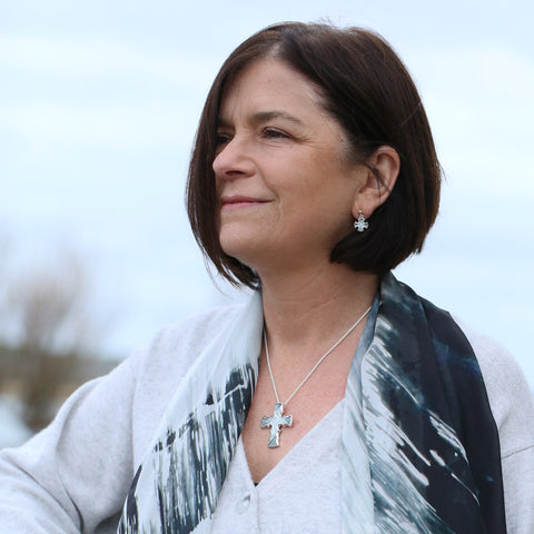 Sinclair Cross Drop Earrings in Moss Grey Enamel by Sheila Fleet Jewellery