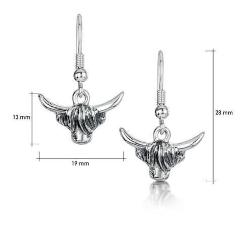 Highland Cow Drop Earrings in Oxidised Sterling Silver by Sheila Fleet Jewellery