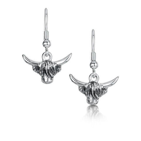 Highland Cow Drop Earrings in Oxidised Sterling Silver by Sheila Fleet Jewellery