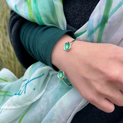 Lunar Bright Sterling Silver Bangle in Spring Green Enamel by Sheila Fleet Jewellery
