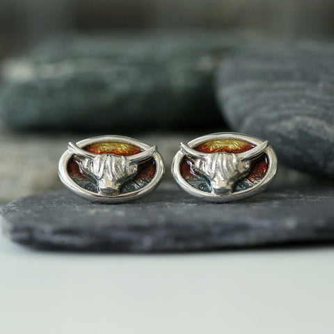 Highland Cow Oval Cufflinks in Sunset Enamel by Sheila Fleet Jewellery