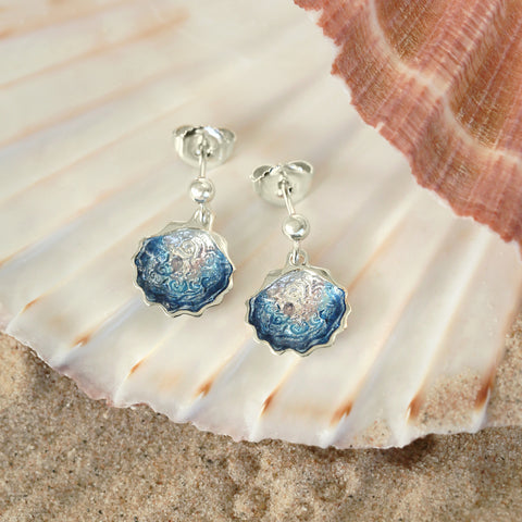 Scallop Small Drop Earrings in Scallop Blue Enamel by Sheila Fleet Jewellery