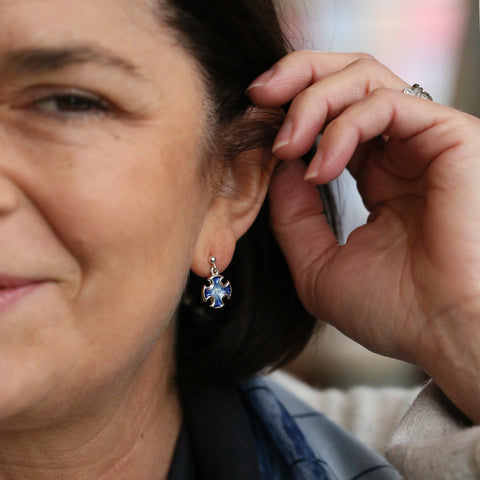 Sinclair Cross Drop Earrings in Jarl Blue Enamel by Sheila Fleet Jewellery