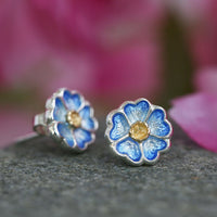 Primula Scotica Small Silver Blue Enamel Stud Earrings with 18ct Yellow Gold by Sheila Fleet Jewellery