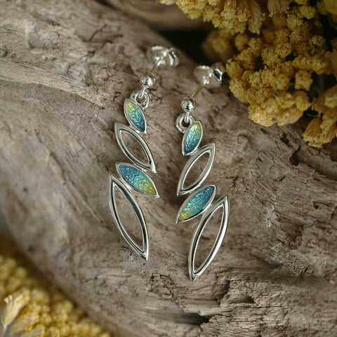 Seasons Silver 4-leaf Drop Earrings in Summer Enamel by Sheila Fleet Jewellery