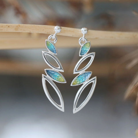 Seasons Silver 4-leaf Drop Earrings in Summer Enamel by Sheila Fleet Jewellery