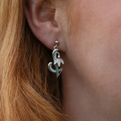 Snowdrop Sterling Silver Drop Earrings in Leaf Enamel by Sheila Fleet Jewellery