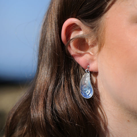 Mussel Large Drop Earrings in Mussel Blue Enamel by Sheila Fleet Jewellery