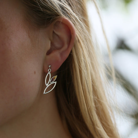 Seasons Silver 3-leaf Drop Earrings in Autumn Enamel by Sheila Fleet Jewellery