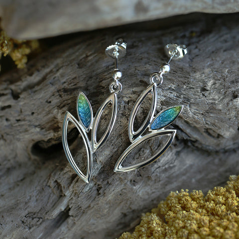 Seasons Silver 3-leaf Drop Earrings in Summer Enamel by Sheila Fleet Jewellery