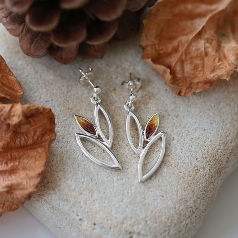 Seasons Silver 3-leaf Drop Earrings in Autumn Enamel by Sheila Fleet Jewellery