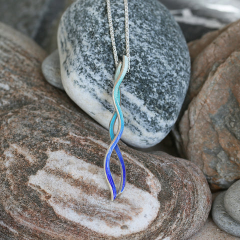 Atlantic Swell 2-frond Long Pendant Necklace in Ocean Hue Enamel by Sheila Fleet Jewellery