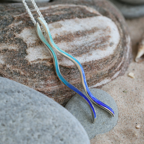 Atlantic Swell 2-frond Long Pendant Necklace in Ocean Hue Enamel by Sheila Fleet Jewellery
