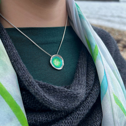 Lunar Bright Pendant Necklace in Spring Green Enamel by Sheila Fleet Jewellery