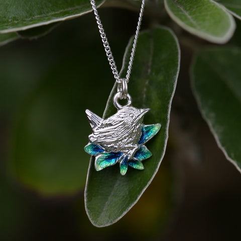 Wren Silver Pendant in Spring Enamel by Sheila Fleet Jewellery
