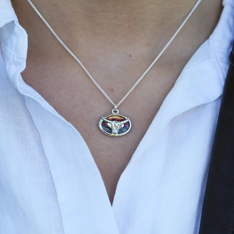 Highland Cow Small Pendant in Sunset Enamel by Sheila Fleet Jewellery