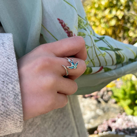 Swallows Sterling Silver Ring in Summer Blue Enamel by Sheila Fleet Jewellery