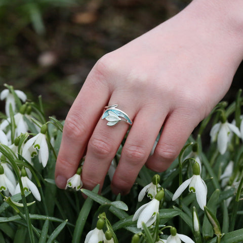 Snowdrop Sterling Silver Ring in Leaf Enamel by Sheila Fleet Jewellery