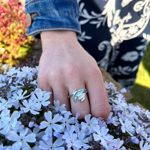 Snowdrop Sterling Silver Ring in Leaf Enamel by Sheila Fleet Jewellery