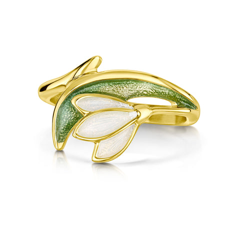 Snowdrop 18ct Yellow Gold Ring in Opal White Enamel
