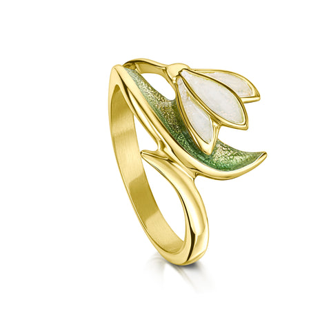 Snowdrop 18ct Yellow Gold Ring in Opal White Enamel