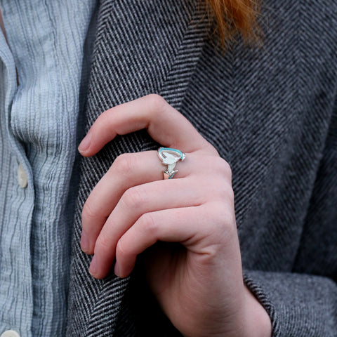 Snowdrop 2-flower Sterling Silver Ring in Leaf Enamel by Sheila Fleet Jewellery
