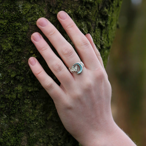 Snowdrop 2-flower Sterling Silver Ring in Leaf Enamel by Sheila Fleet Jewellery