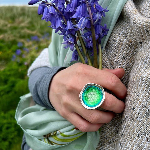 Lunar Bright Dress Ring in Spring Green Enamel by Sheila Fleet Jewellery