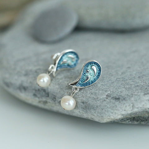 Paisley Leaf Pearl Stud Earrings in Verdi Enamel by Sheila Fleet Jewellery