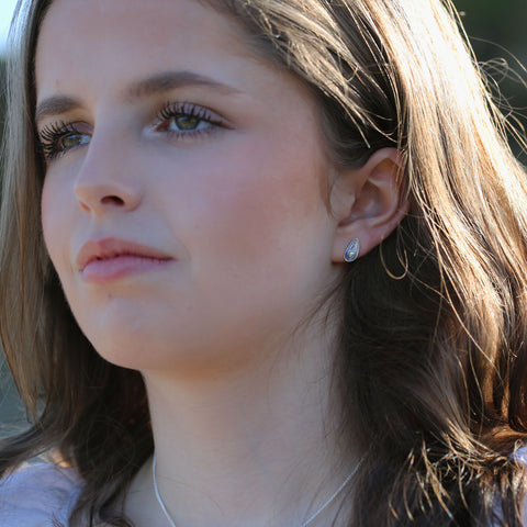 Mussel Stud Earrings with Peach Pearls in Mussel Blue Enamel by Sheila Fleet Jewellery