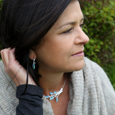 Rowan Drop Earrings in Sage Enamel with Moonstone