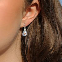 Mussel Small Drop Earrings with Peach Pearls in Mussel Blue Enamel by Sheila Fleet Jewellery