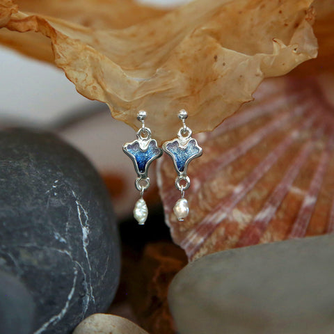 Sea Moss Baroque Pearl Small Drop Earrings in Sea Blue Enamel by Sheila Fleet Jewellery