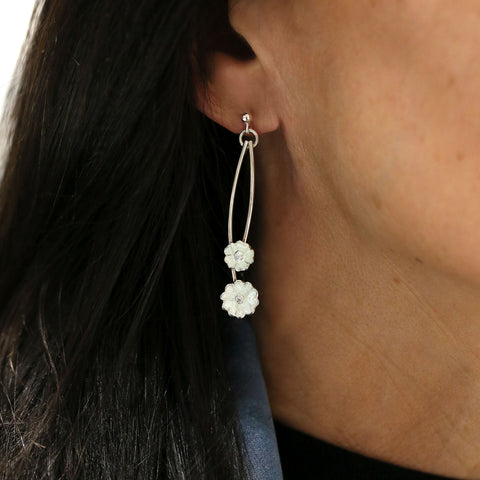 Primula Scotica Small 2-flower CZ Drop Earrings in Crystal Enamel by Sheila Fleet Jewellery