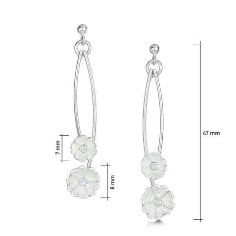 Primula Scotica Small 2-flower CZ Drop Earrings in Crystal Enamel by Sheila Fleet Jewellery