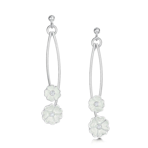 Primula Scotica Small 2-flower CZ Drop Earrings in Crystal Enamel by Sheila Fleet Jewellery