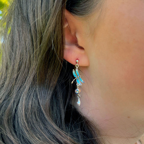 Dragonfly Enamelled Drop Earrings with Moonstone & Pearl