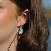 Mussel Medium Drop Earrings with Peach Pearls in Mussel Blue Enamel by Sheila Fleet Jewellery