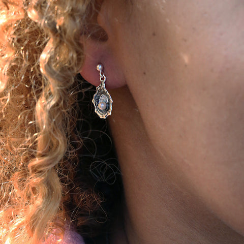 Oyster Enamel Drop Earrings with Peach Pearls by Sheila Fleet Jewellery