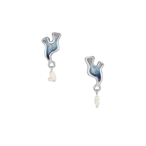 Sea Moss Baroque Pearl Stud Drop Earrings in Sea Blue Enamel by Sheila Fleet Jewellery