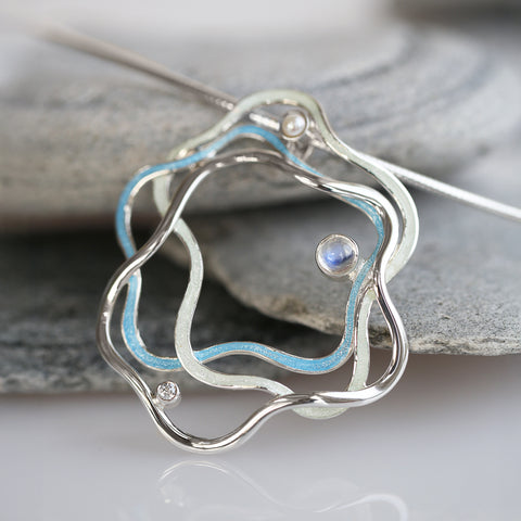 Tidal Islands Ice Enamel Dress Necklace with Moonstone, Pearl & CZ by Sheila Fleet Jewellery