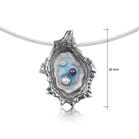 Oyster Enamel Necklet with CZ, Peach & Black Pearls by Sheila Fleet Jewellery
