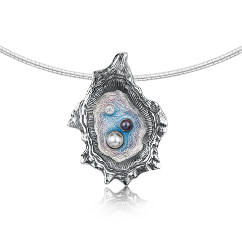 Oyster Enamel Necklet with CZ, Peach & Black Pearls by Sheila Fleet Jewellery