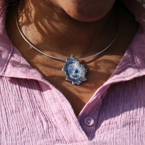 Oyster Enamel Necklet with CZ, Peach & Black Pearls by Sheila Fleet Jewellery