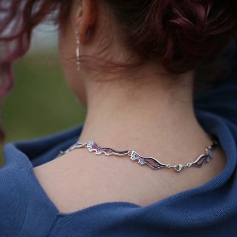 Sea Moss Moonstone 11-link Statement Necklace in Sea Pink Enamel by Sheila Fleet Jewellery