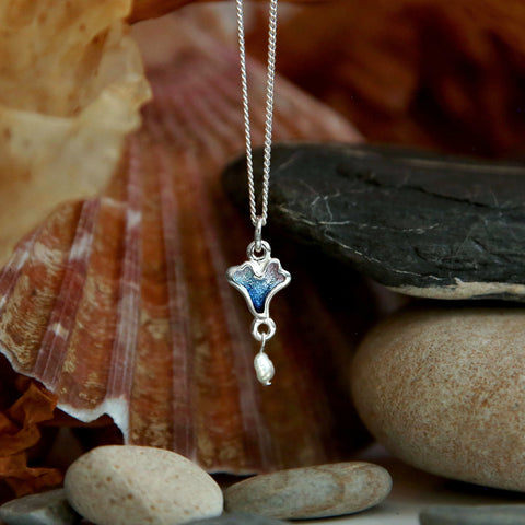 Sea Moss Petite Heart Pendant with Baroque Pearl in Sea Blue Enamel by Sheila Fleet Jewellery