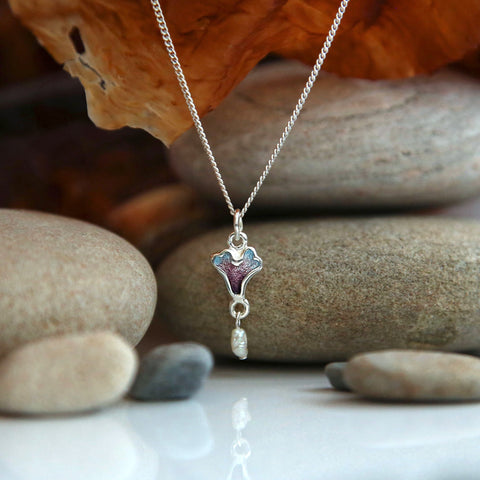 Sea Moss Petite Heart Pendant with Baroque Pearl in Sea Pink Enamel by Sheila Fleet Jewellery