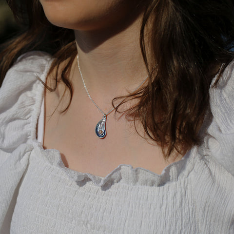 Mussel Small Pendant with Peach Pearl in Mussel Blue Enamel by Sheila Fleet Jewellery