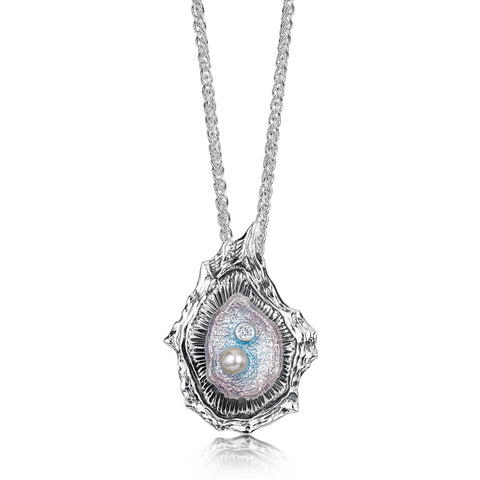 Oyster Enamel Medium Pendant with CZ & Peach Pearl by Sheila Fleet Jewellery