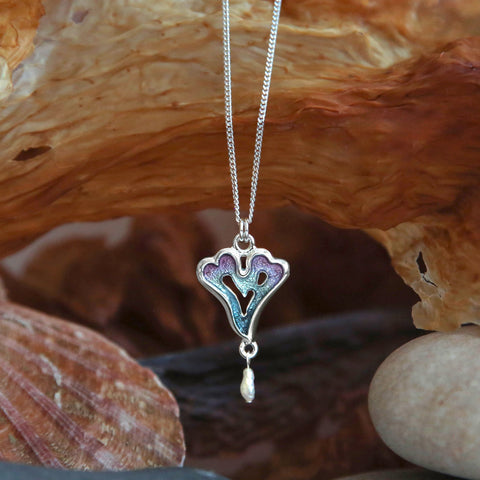 Sea Moss Heart Pendant with Baroque Pearl in Mill Sands Enamel by Sheila Fleet Jewellery